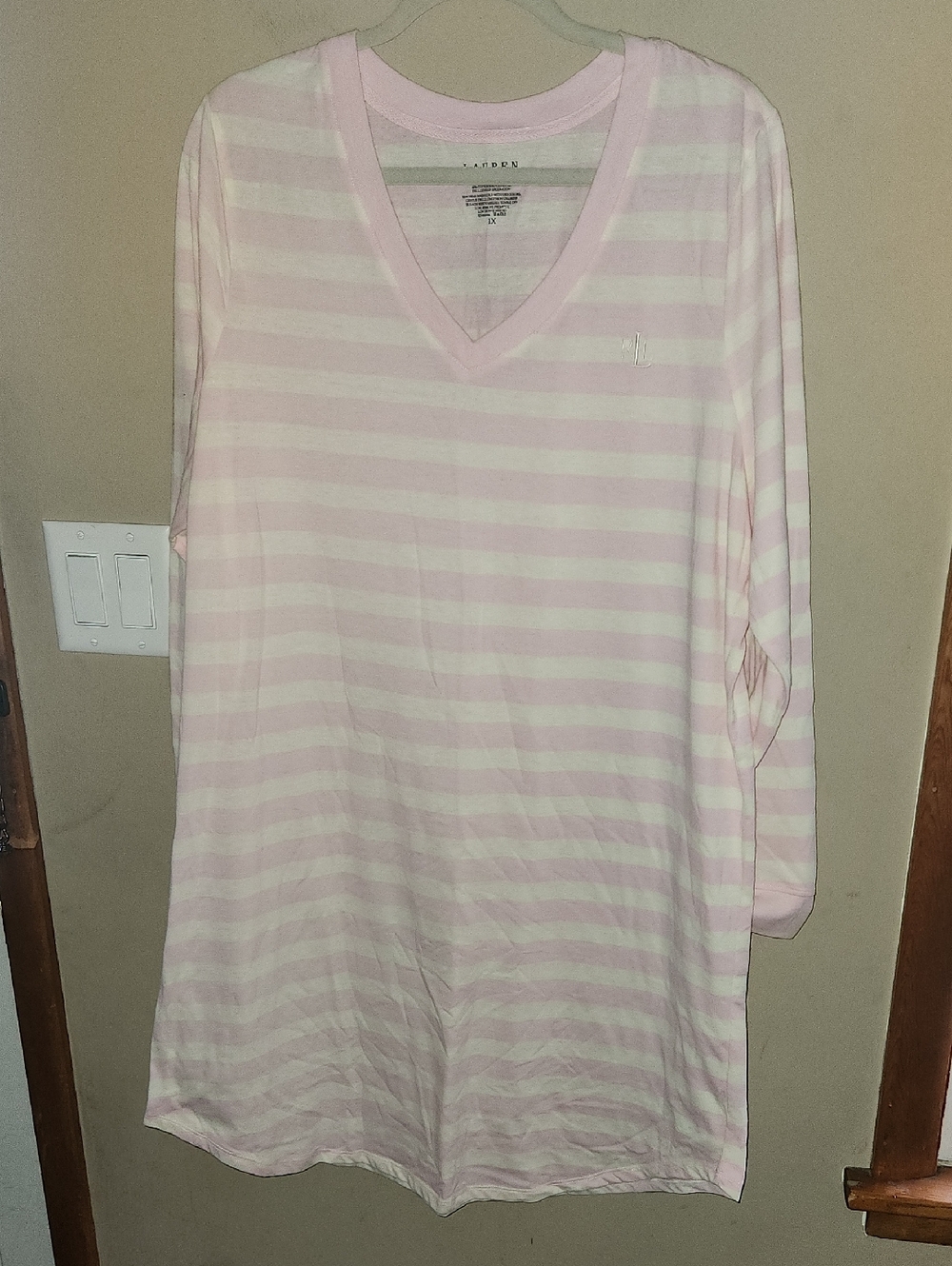Lauren Ralph Lauren Cotton Blend Long Sleeve Pullover Gown Pink Stripe Size  1x